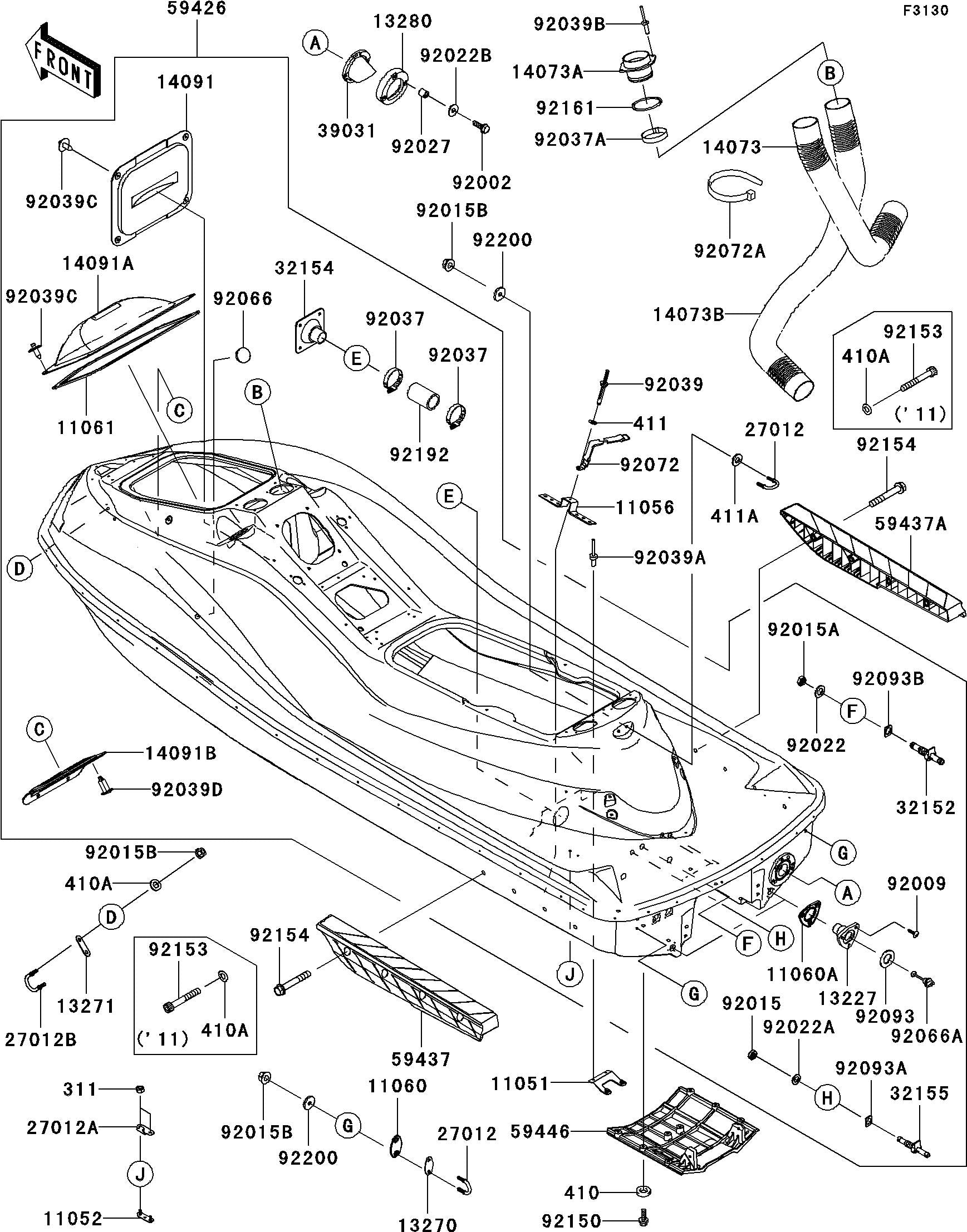 Kawasaki ULTRA300X'12 OEM section (Hull) parts Used [K3911-29]